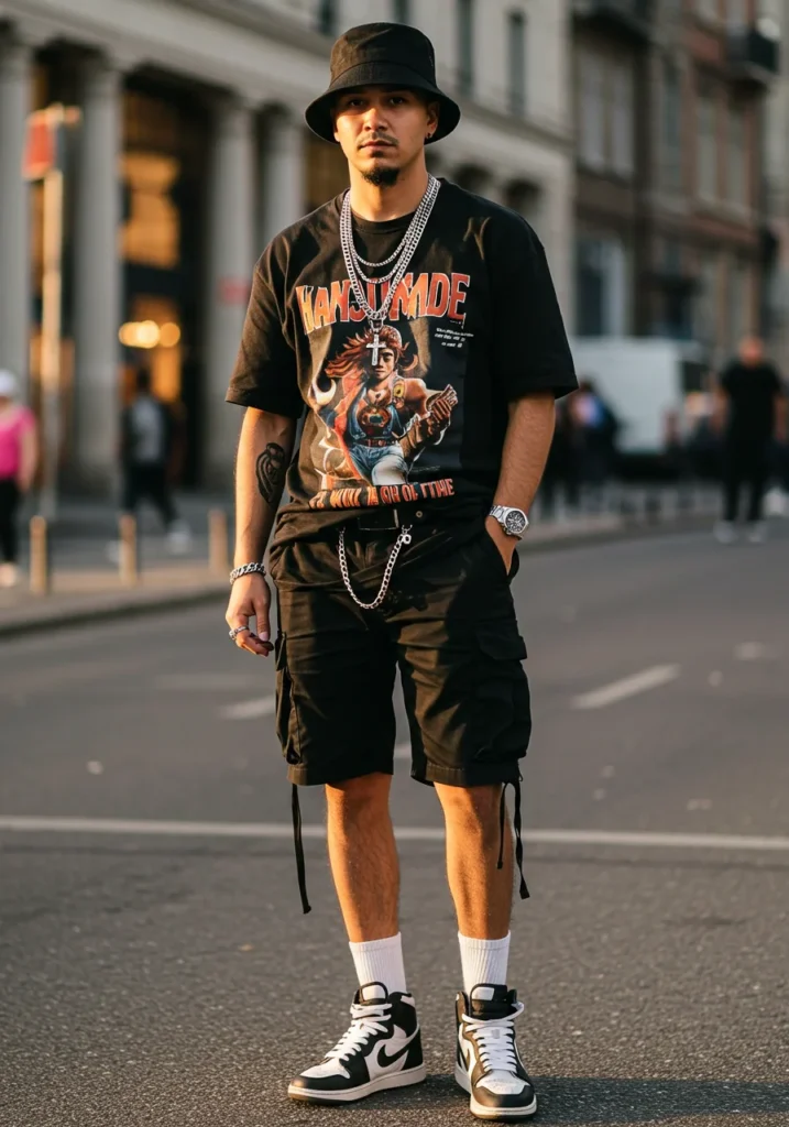 Trendy streetwear look with black cargo shorts and graphic tee.