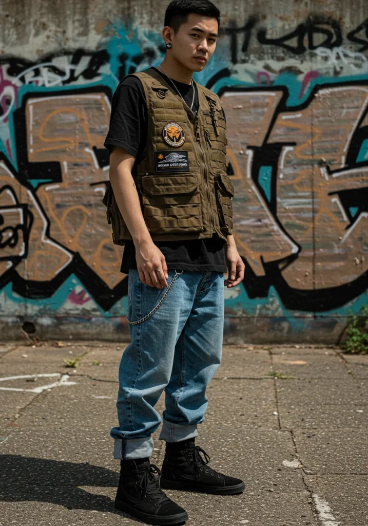 Man wearing a streetwear vest with jorts and high-top sneakers for an edgy, functional look.