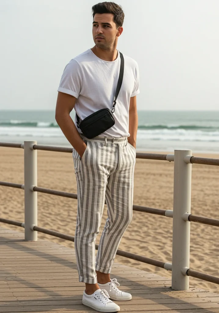 man in striped linen pants and white t-shirt with sneakers on summer boardwalk