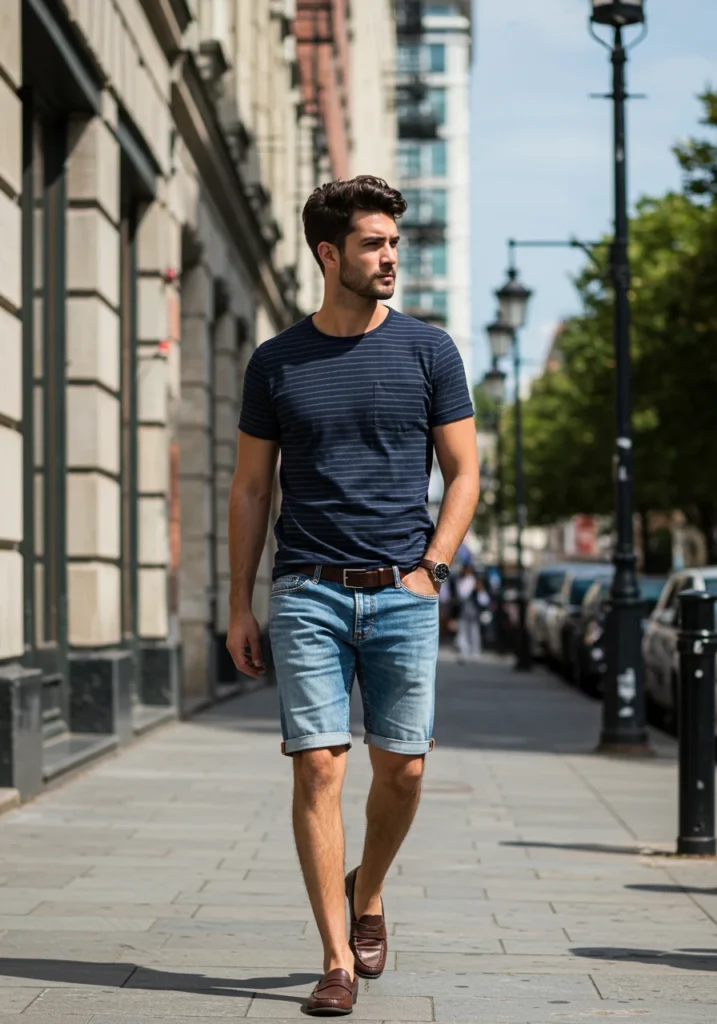 Stylish man in striped shirt and rolled hem jean shorts, smart-casual summer style