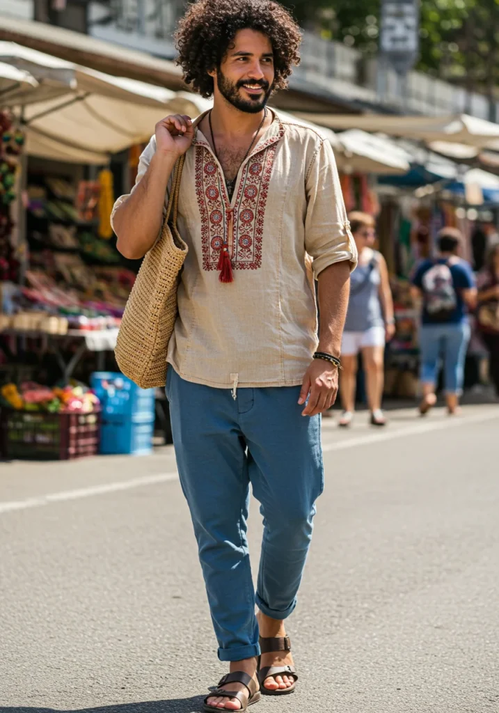 Boho-inspired summer outfit with jorts, loose shirt, and sandals.