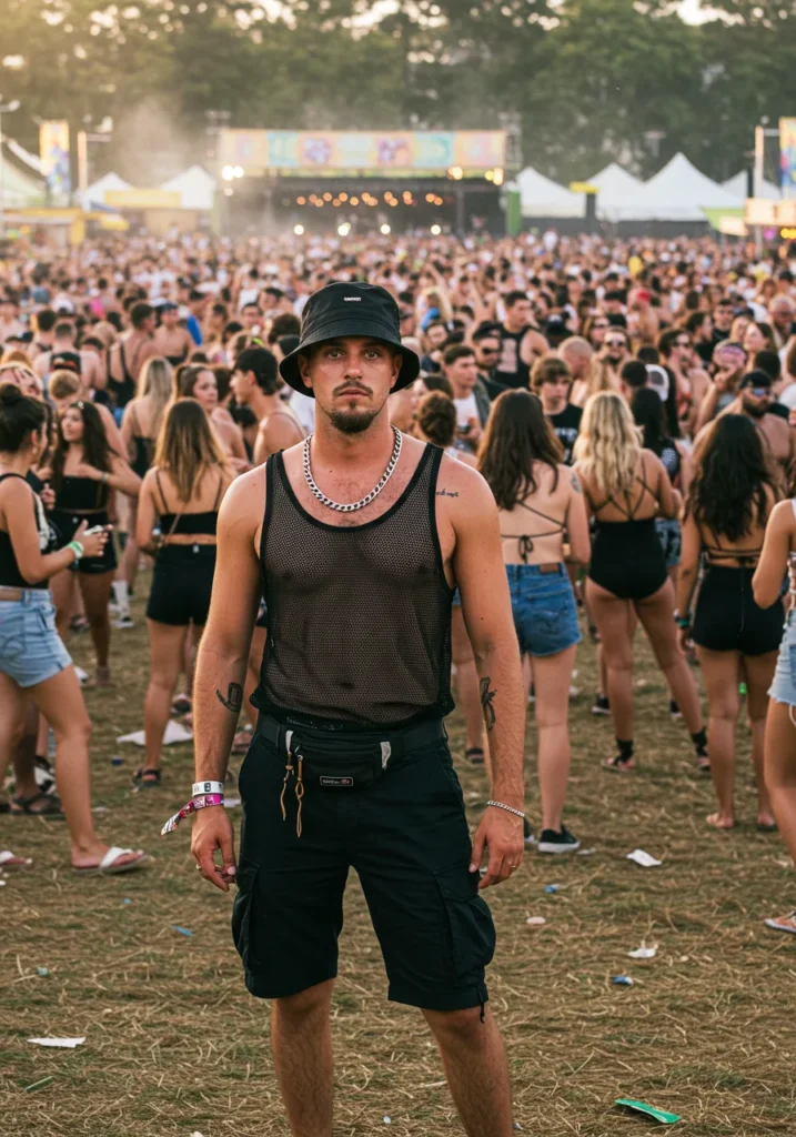 Festival-ready outfit with black shorts and mesh tank