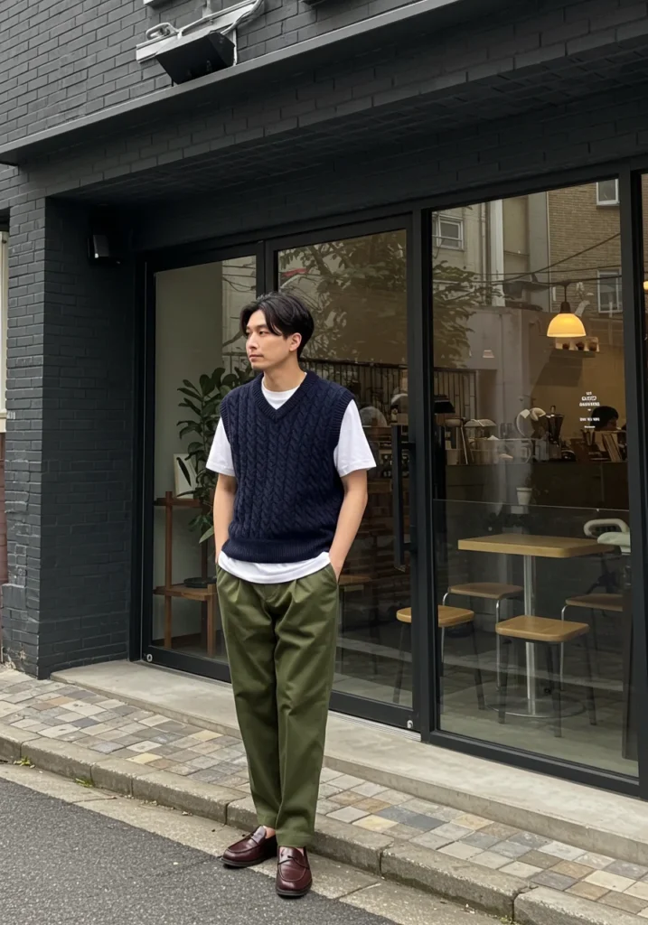 Men’s sweater vest casual outfit with relaxed trousers
