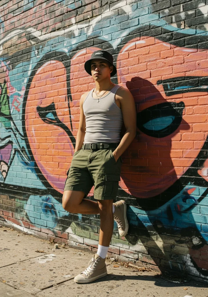 Man in grey tank top and olive cargo shorts with high-top sneakers, urban summer style