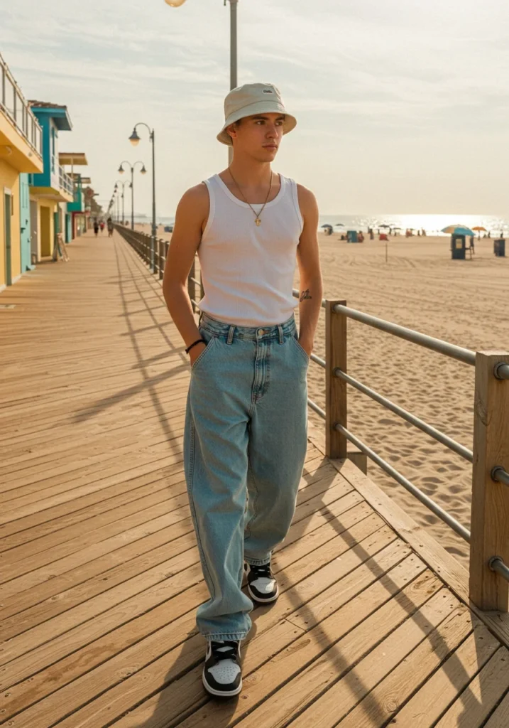 Man in white tank top and light-wash jorts with bucket hat and sneakers for a beach-ready look.