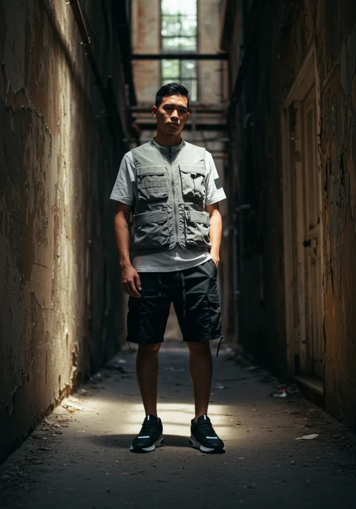 Summer streetwear look with tactical techwear vest and shorts.