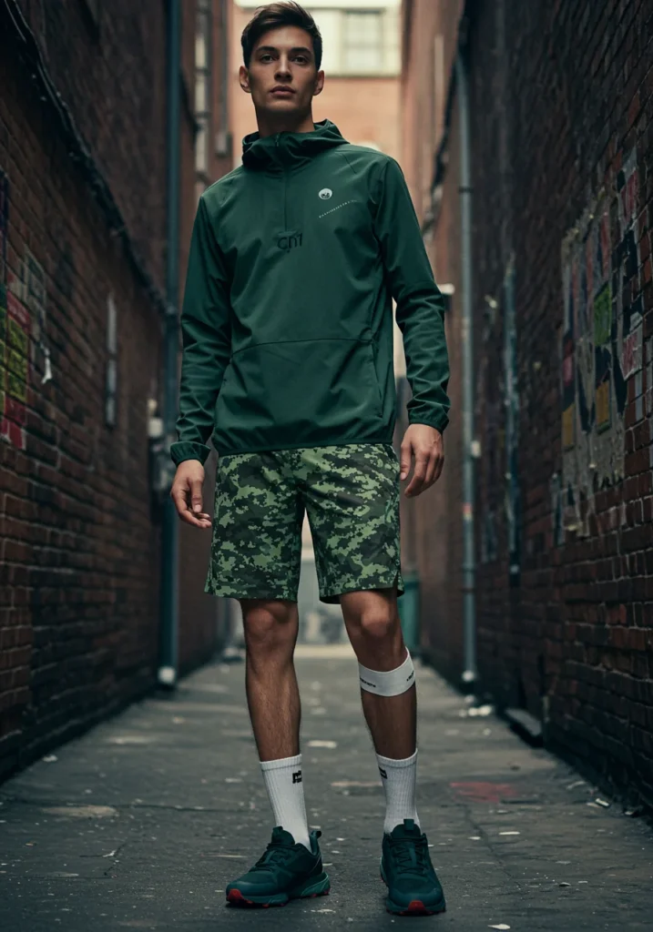 Techwear-inspired outfit featuring digital camo shorts and hoodie