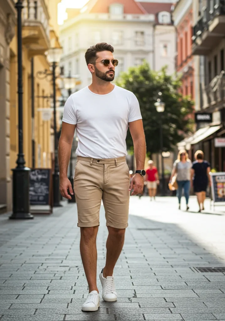 Man wearing a white T-shirt and tailored shorts, a timeless men's summer outfit.