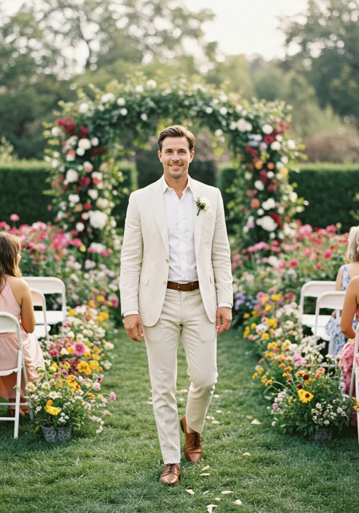 Man in cream suit with tan shoes at a summer garden wedding.