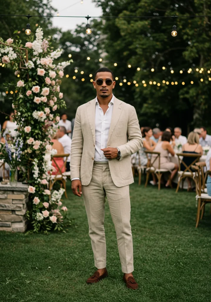 Man in beige linen suit at a summer garden wedding.