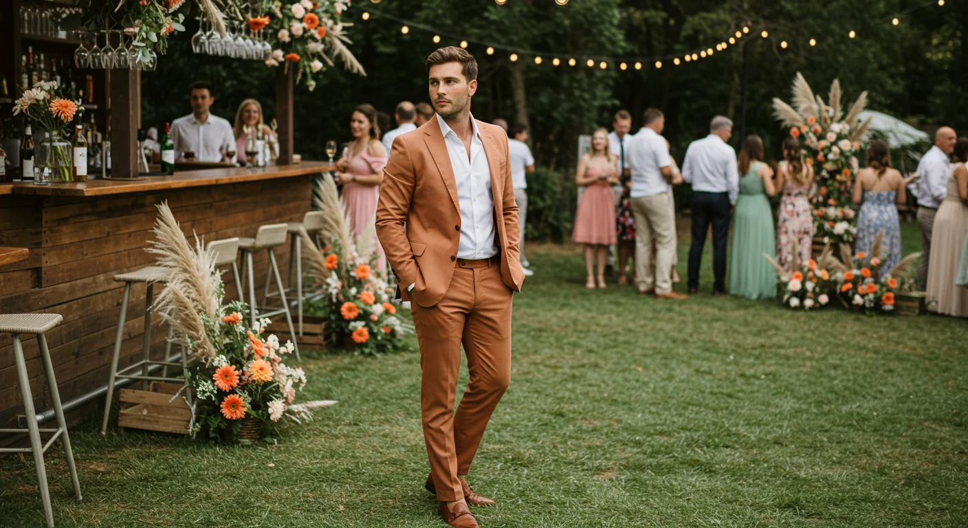 Stylish man wearing a light linen suit with loafers at a summer wedding ceremony, perfect for a cool and classy 2025 look.