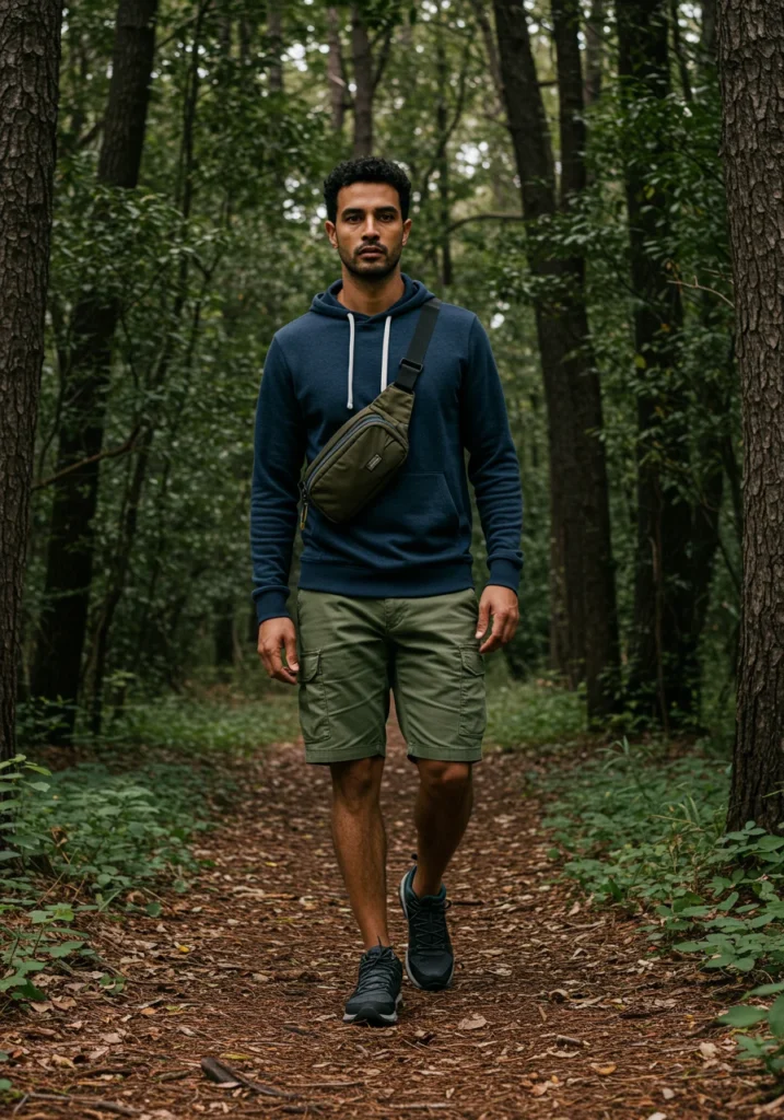 Travel outfit with olive cargo shorts, hoodie, and sling bag.