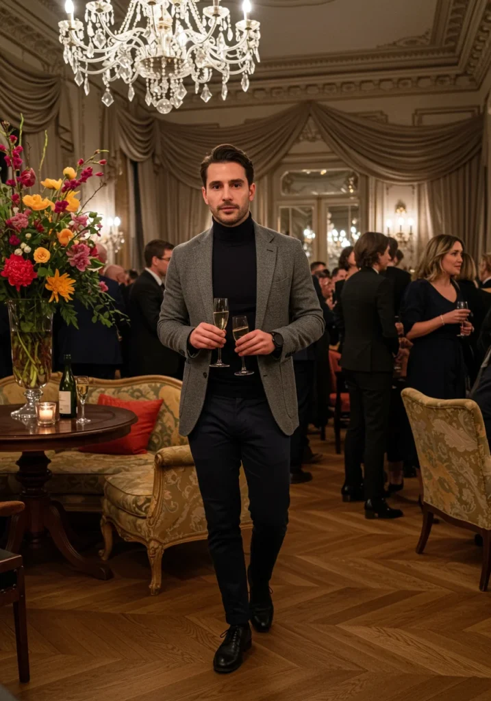 Turtleneck and blazer combination for a men’s cocktail look.