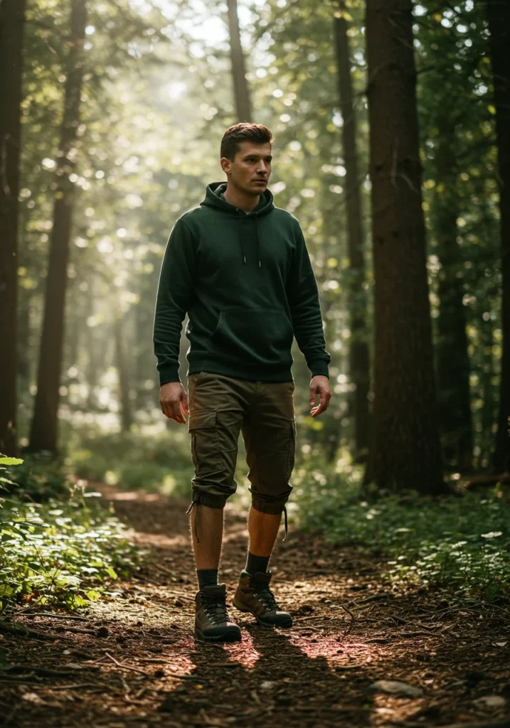 Urban explorer look with cargo jorts, hoodie, and hiking boots.
