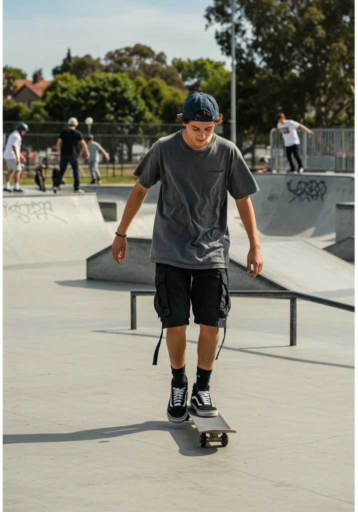 Skater-inspired outfit with black cargo shorts and oversized tee