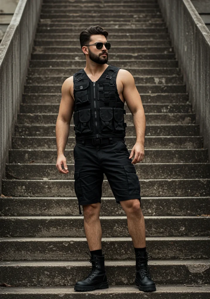 Streetwear utility outfit with black cargo shorts and tactical vest