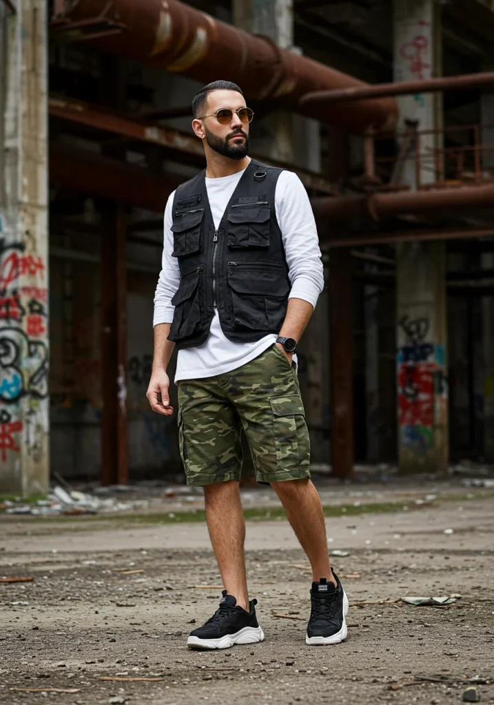 Utility-inspired outfit with camo shorts, tactical vest, and chunky shoes