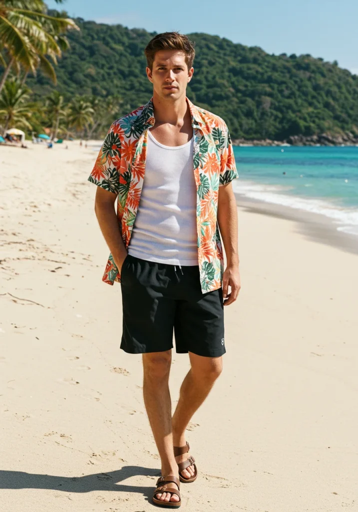 Summer vacation outfit with black shorts and printed shirt