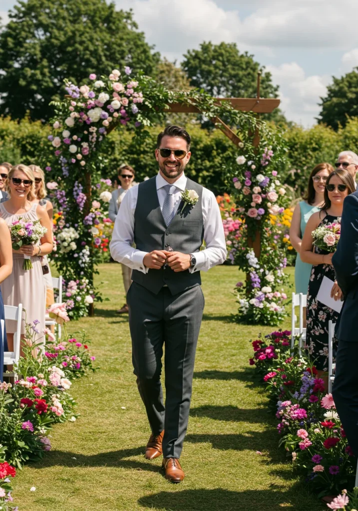 Man in vest and dress pants at casual summer wedding.