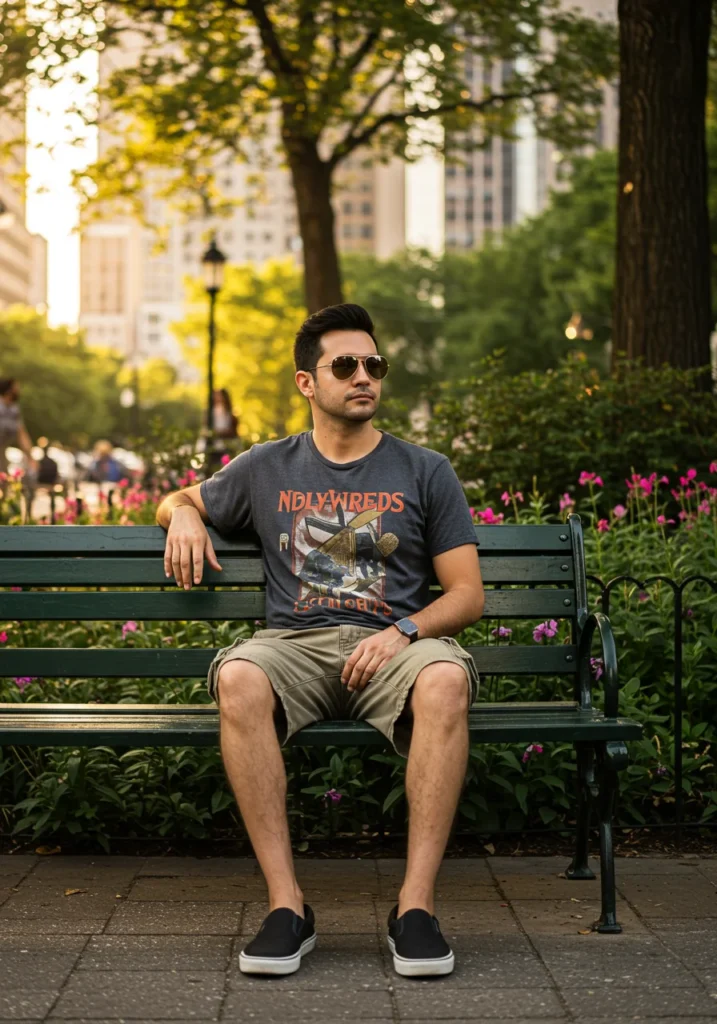 Retro summer outfit with faded cargo shorts and band tee.