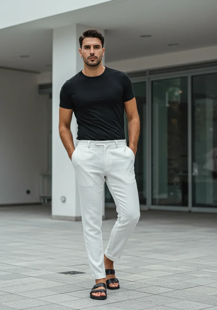 man wearing white linen pants and black t-shirt in a modern summer street setting