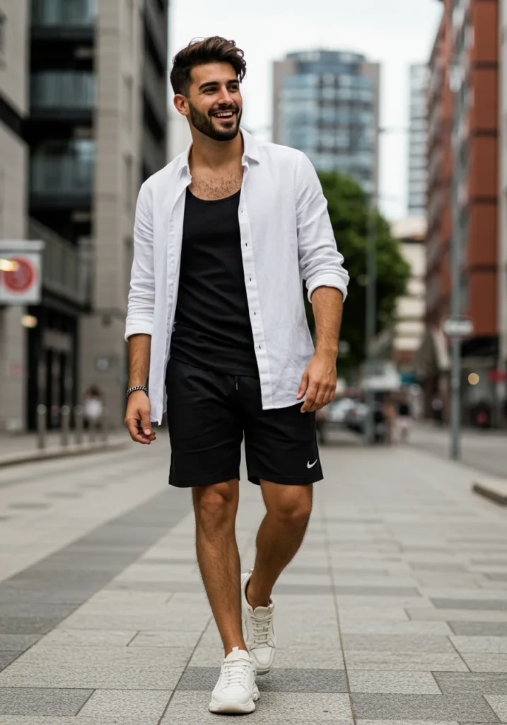 White linen shirt layered over a tank with black shorts and sneakers