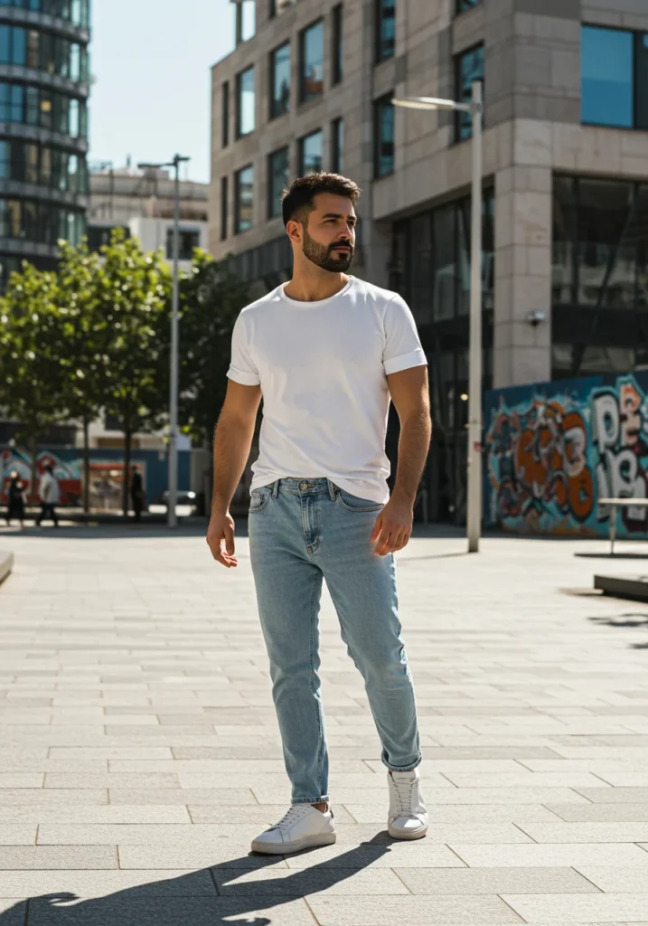 Man in white tee and relaxed jeans, casual outfit for 2025