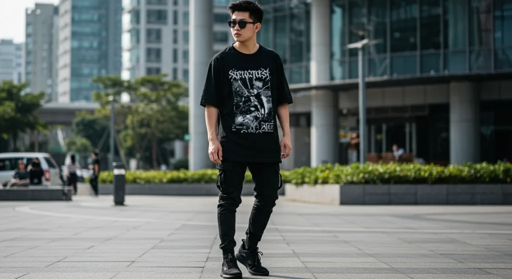Man in a stylish casual outfit featuring a neutral t-shirt, slim-fit jeans, and white sneakers—perfect for timeless everyday fashion.