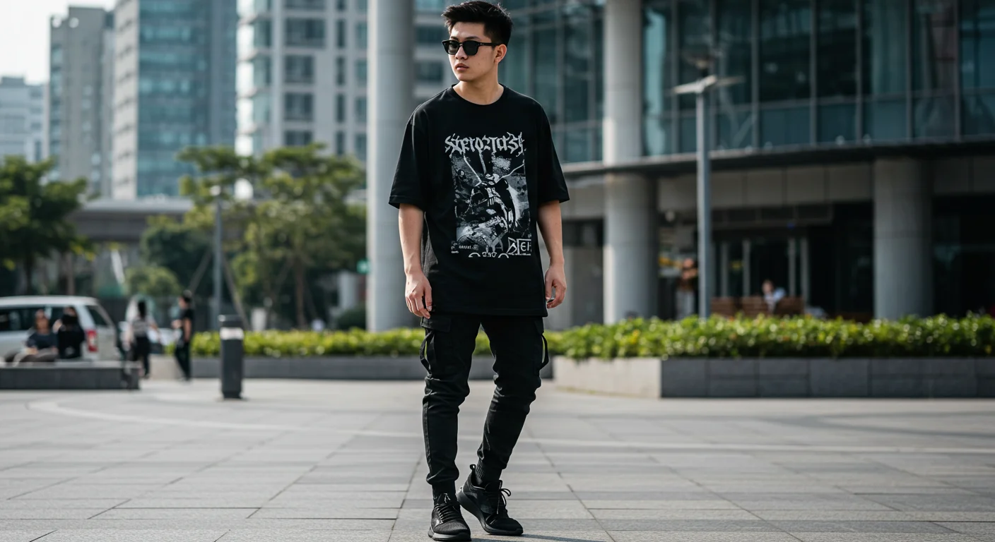 Man in a stylish casual outfit featuring a neutral t-shirt, slim-fit jeans, and white sneakers—perfect for timeless everyday fashion.