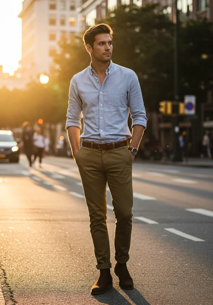 Man in button-down shirt and khaki pants styled for casual elegance.