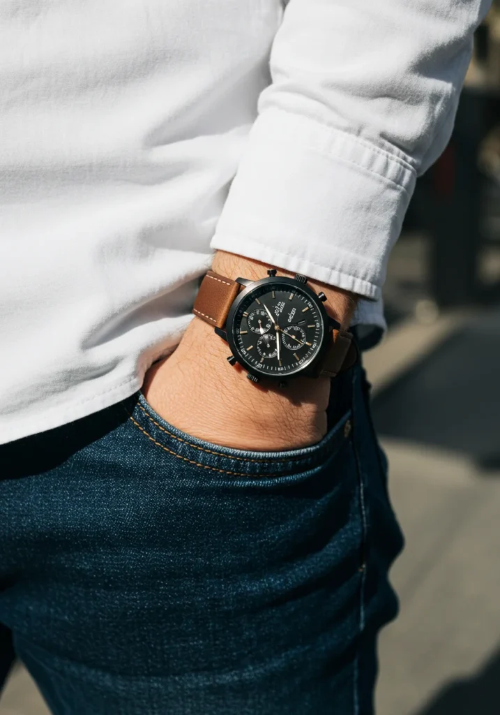 Casual chronograph men’s watch with brown strap