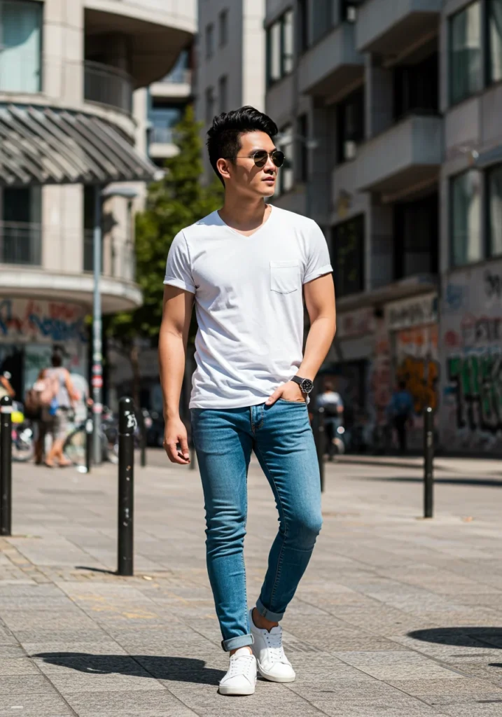 Man wearing white t-shirt and blue jeans with sneakers in a casual city outfit.