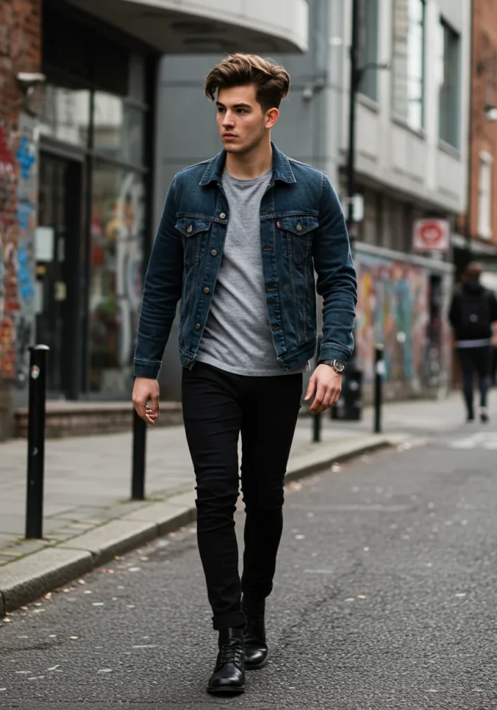 Man layering denim jacket with t-shirt and black jeans for a casual streetwear look.