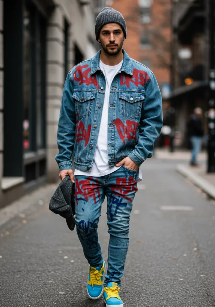 Graffiti denim on denim outfit with colorful sneakers and a beanie.