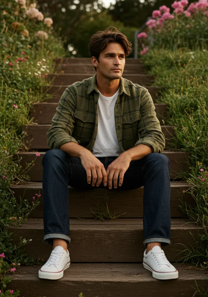 Man in flannel shirt layered over t-shirt with jeans for a relaxed fall casual outfit.