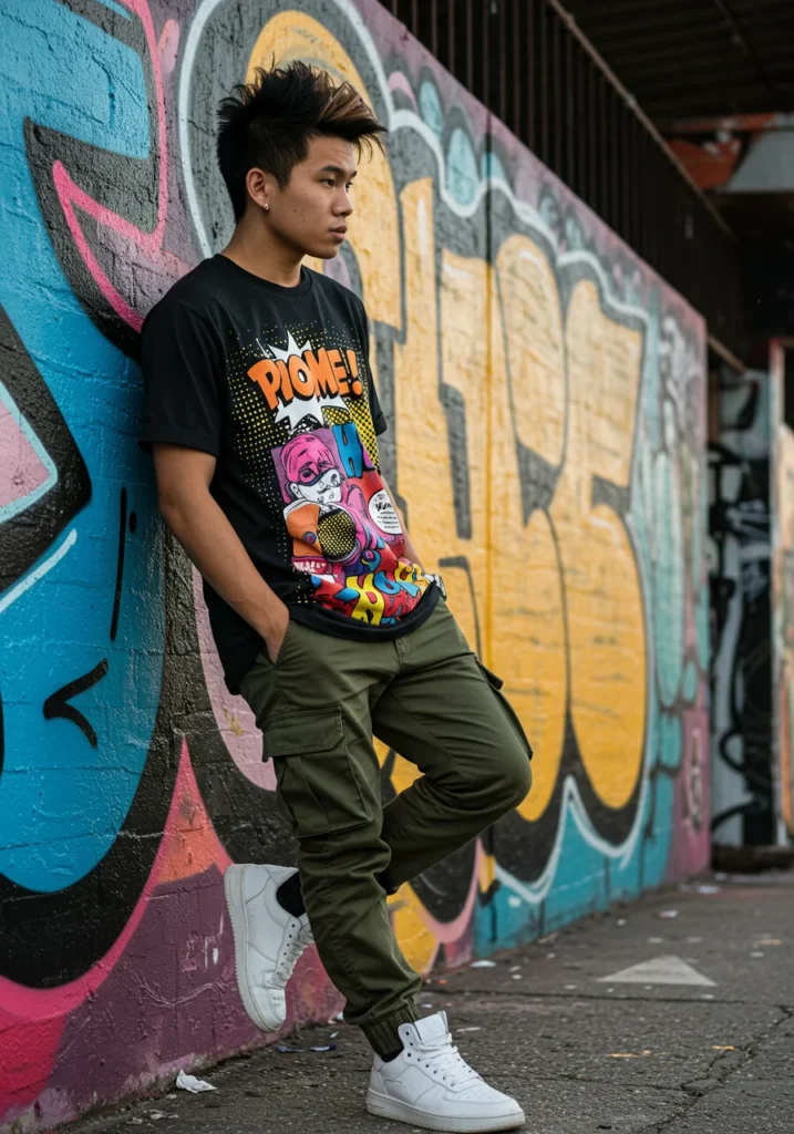 Man in graphic t-shirt and cargo pants for a trendy, casual street style look.