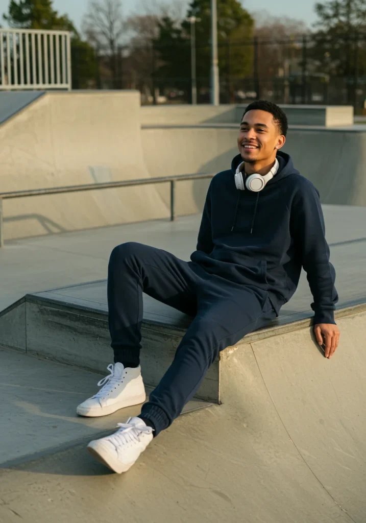 Man wearing hoodie and joggers for a stylish and relaxed athleisure outfit.