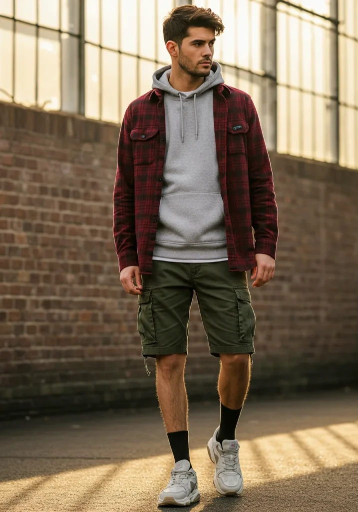 Flannel layered over hoodie with cargo shorts and sneakers.