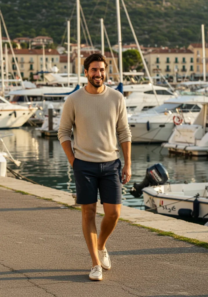 Man styled in lightweight knit sweater and shorts for coastal summer fashion.