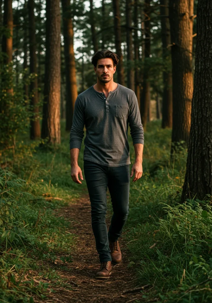 Man wearing a long-sleeve henley and jeans for a rugged, masculine casual outfit.