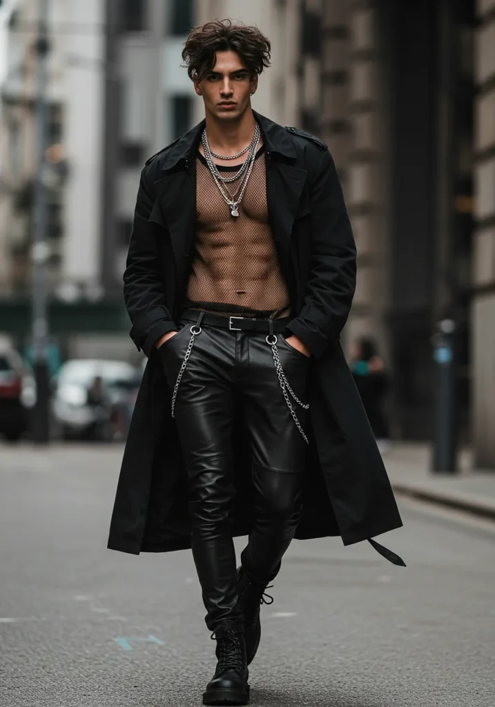All-black goth streetwear outfit with leather pants and silver accessories.
