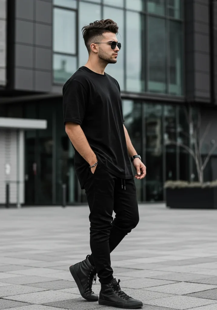 Man dressed in a black monochrome streetwear outfit for an edgy and modern casual look.