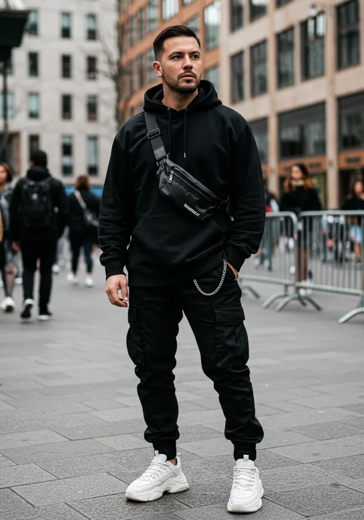 Black monochrome streetwear outfit with chunky sneakers and silver accessories.