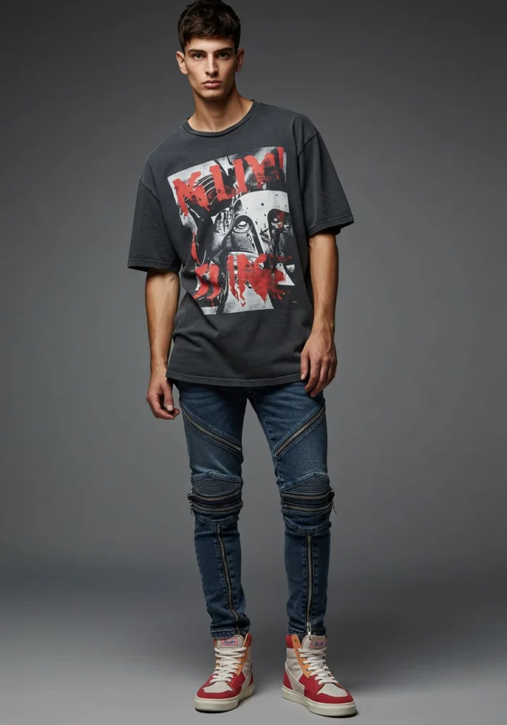 Oversized graphic tee with stacked jeans and statement sneakers.