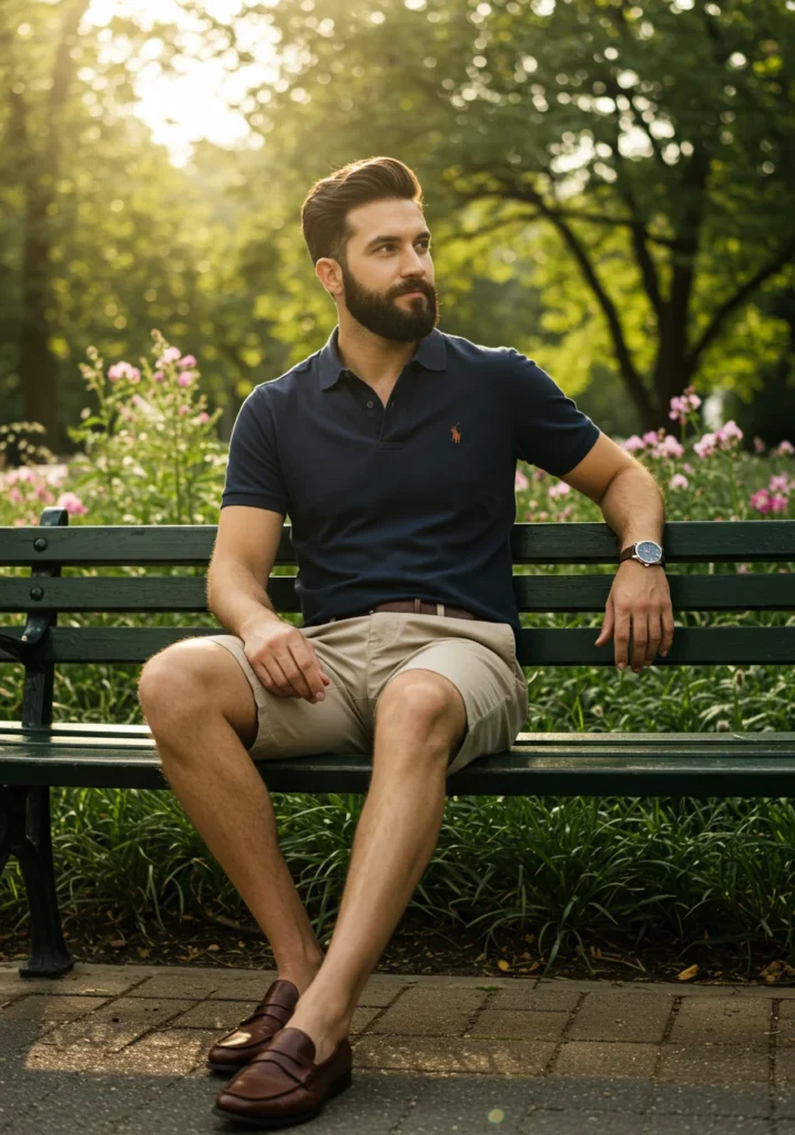 Man in polo shirt and chino shorts styled for a casual summer outfit.