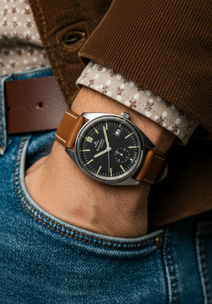 Retro-style analog men’s watch with tan strap