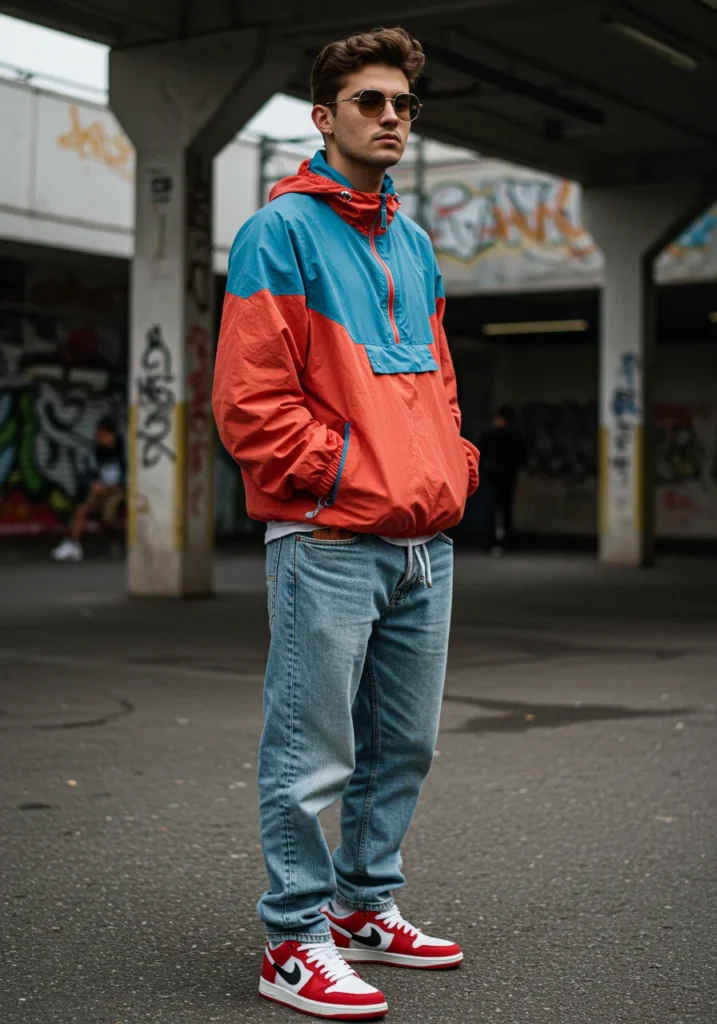 Retro men’s streetwear with baggy jeans and windbreaker.