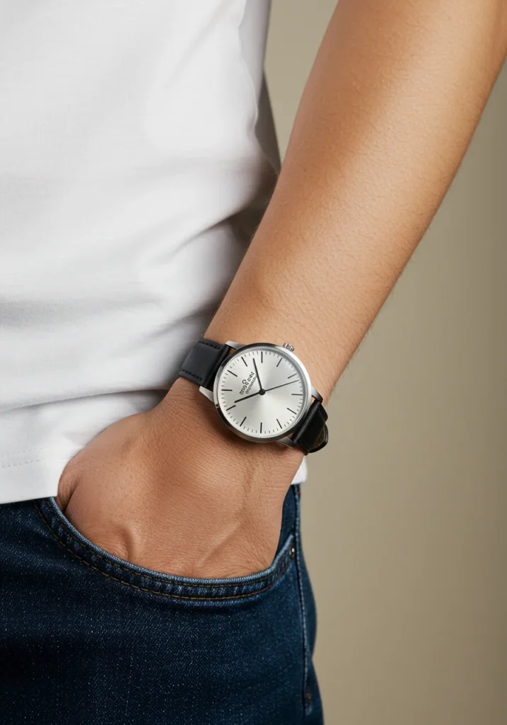 Minimalist black leather men’s watch for everyday wear