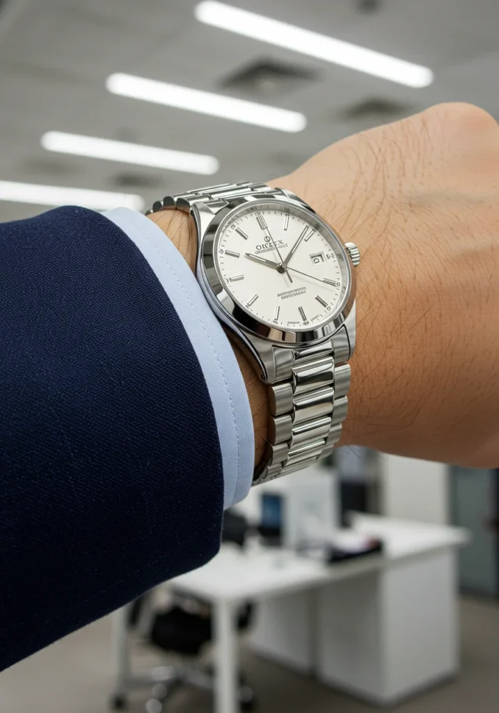 Business-style silver men’s watch with blazer