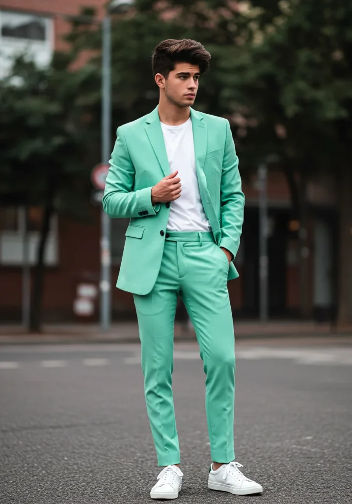 Bright-colored men’s suit with white tee and sneakers.